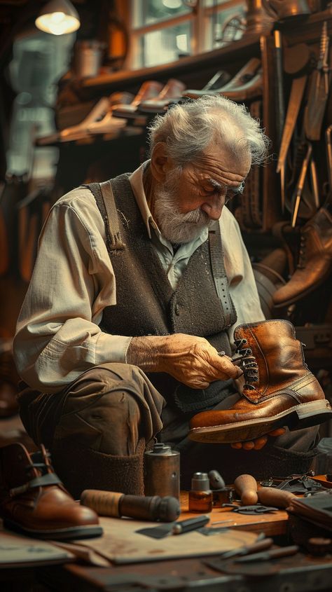 Artisan Crafts Shoes: An elderly artisan cobbler meticulously works on a leather shoe in his traditional, tool-filled workshop. #artisan #craftsmanship #elderly #cobbler #shoes #aiart #aiphoto #stockcake ⬇️ Download and 📝 Prompt 👉 https://ayr.app/l/4b8A Posture Drawing, Shoe Cobbler, Long White Hair, Fine Art Portrait Photography, Dancers Art, Portrait Photography Men, Isometric Art, Portrait Photography Women, Still Life Photos