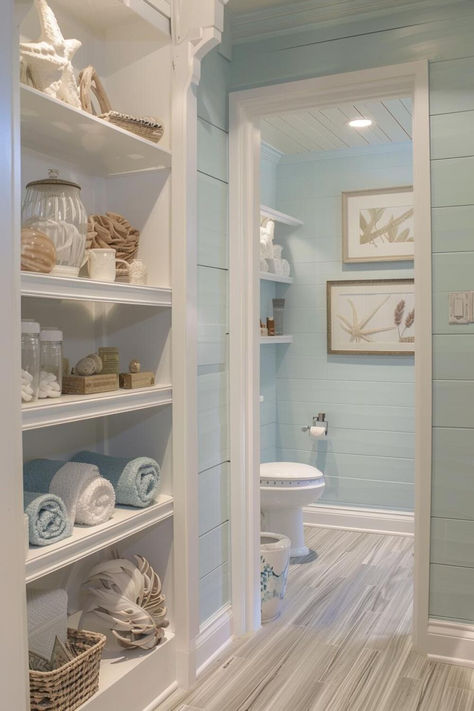 40 Coastal Bathroom Designs for a Relaxing Coastal Retreat Beach Bathroom Shelves, Seashore Bathroom Ideas, Shabby Chic Beach Bathroom, Coastal Beach Bathroom, Beach House Furniture Coastal, Coastal Home Inspiration, Coastal Bathroom Vanities, Beach Condo Remodel Coastal, Beach Style Interior Design