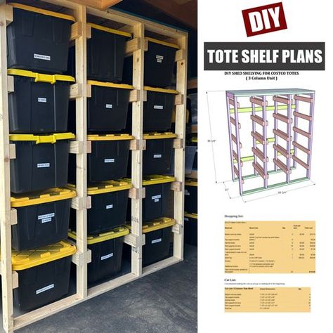 Shed Shelves, Storage Bin Shelves, Garage Storage Plans, Easy Garage Storage, Shed Shelving, Diy Garage Cabinets, Diy Garage Organization, Diy Garage Work Bench, Garage Storage Inspiration