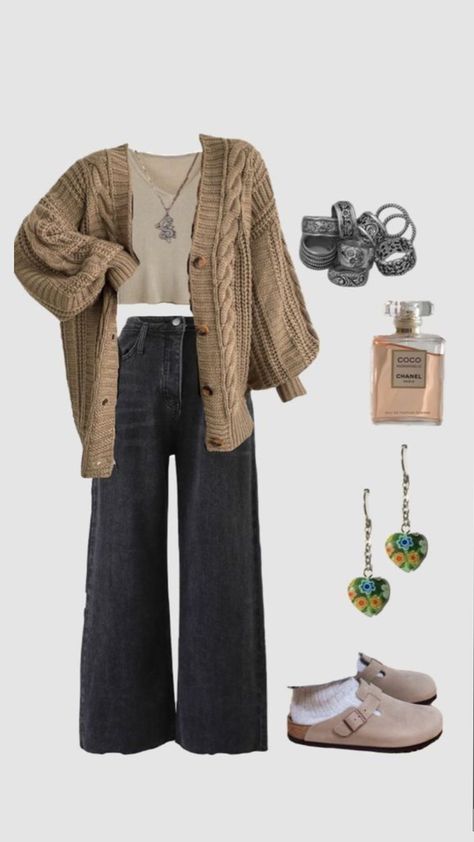 Ethereal Academia Outfit, Cute Cardigan Outfits Winter, Fall Style Ideas For Women, How To Style A Jeans, Cardigan Outfit Inspiration, Aesthetic Outfits With Cardigans, Outfit Inspo For Autumn, Cute Outfits With A Cardigan, Cottagecore Outfit For School