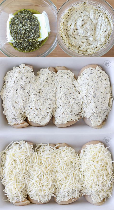 Creamy Pesto Chicken Recipes, Dinner Recipes That Use Cream Cheese, Easy Dinner Recipes Pesto, Parmesan Pesto Chicken, Chicken Pesto Cream Cheese, Pesto Chicken Dinner Recipes, Pesto Goat Cheese Chicken, Chicken Pesto Mozzarella Bake, Creamy Pesto Chicken Bake