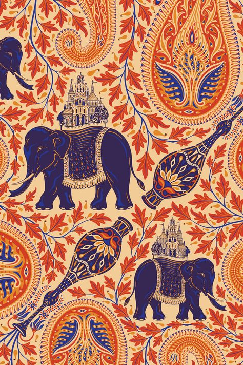 Traditional Elephant Design, Indian Prints Wallpaper, Indian Aesthetic Prints, Indian Ornaments Pattern, Cultural Patterns Indian, India Pattern Design, Indian Patterns Illustration, Indian Design Aesthetic, South Asian Patterns