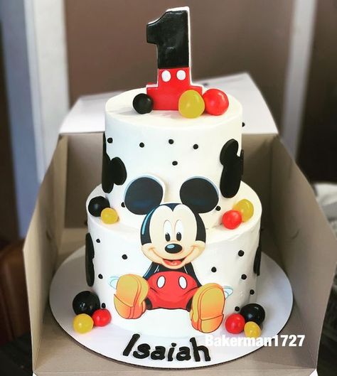 Mickey Mouse Cakes 1st Birthday, First Birthday Cake Mickey Mouse, Mickey Mouse Cake 2 Tier, Mickey Mouse One Year Birthday Cake, First Birthday Mickey Mouse Cake, Buttercream Mickey Mouse Cake, Mickymaus Birthday Cake, Mickey Theme Cake, Mickey Mouse Smash Cake Ideas