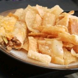 Crispy Chinese Noodles (Restaurant Style)  - Allrecipes.com Fried Egg Roll Wrappers, Chinese Fried Noodles Crispy, Egg Roll Wrapper Chips, Chinese Noodle Restaurant, Chinese Noodle Recipes, Fried Noodles Recipe, Chinese Mustard, Fried Noodle, Recipes Chinese