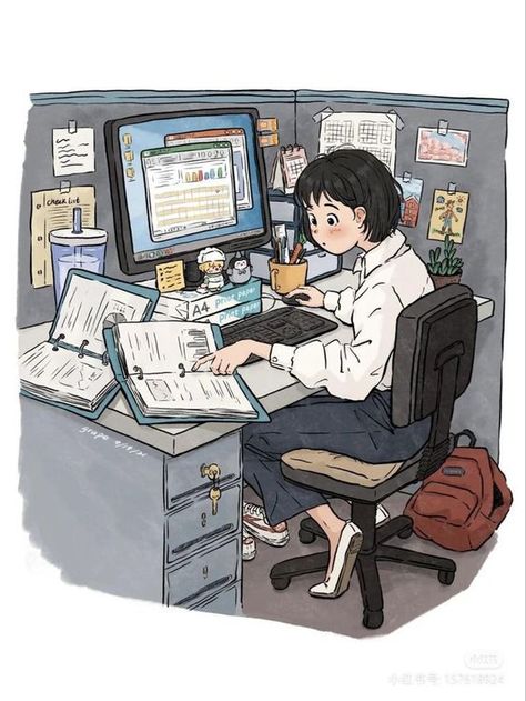 The Office Lady Anime, Anime Working, Computer Drawing, 2023 Vision, Arte Inspo, Working Class, Landscape Illustration, Study Time, Dreamy Art