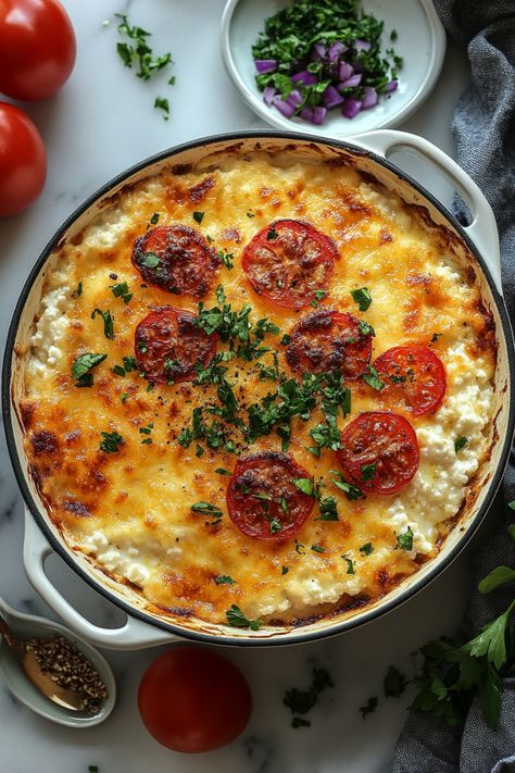 Cheesy baked casserole topped with sliced tomatoes and fresh parsley. Good Cottage Cheese Recipes, Dinner Ideas With Cottage Cheese, Cottage Cheese And Banana Recipes, Cottage Cheese And Spinach Recipes, Savoury Cottage Cheese Recipes, Simple Cottage Cheese Recipes, Cottage Cheese Benefits, Cottage Cheese Dinner Recipes, Cottage Cheese And Honey