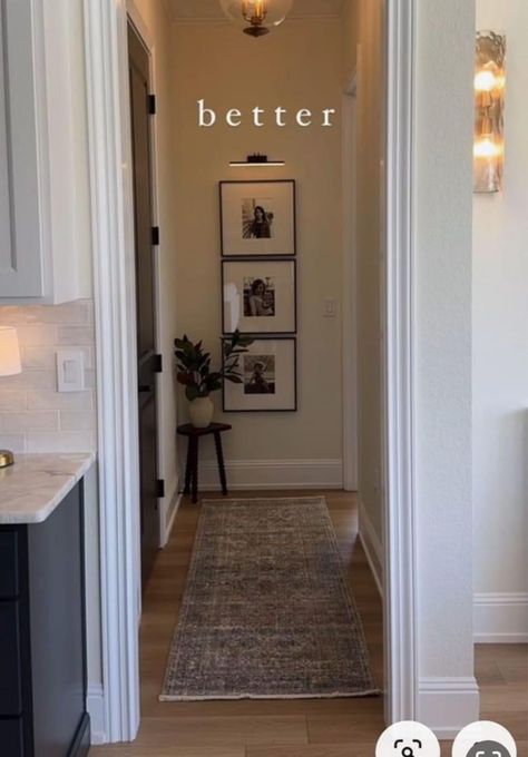 Picture Wall End Of Hallway, Hallway No Windows Ideas, Aesthetic Entrance Hall, Home Corridor Lighting, Mini Hallway Decor, Front Entrance Inside, Hallway Decor Inspiration, Hallway With No Windows, Front Door Straight Into Living Room