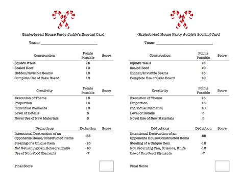 Gingerbread House Party Judge's Scoring Card Gingerbread Competition, Gingerbread House Competition, Christmas Door Decorating, Diy Christmas Door Decorations, Cool Gingerbread Houses, Baking Contest, Classroom Christmas Decorations, Christmas Contests, Gingerbread House Parties