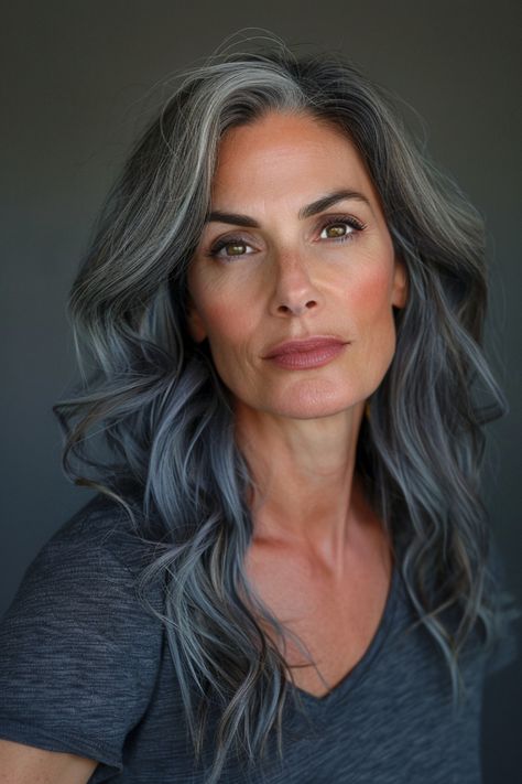 25 Gorgeous Salt And Pepper Hair Color Ideas Silver On Brown Hair, Long Grey Hair With Bangs Over 50, Graying Hair Highlights, How To Cover Grey Hair In Dark Hair, Brown And Gray Hair, Brunette Grey Blending, Models Over 50, Gray Bangs, Gray Highlights Brown Hair