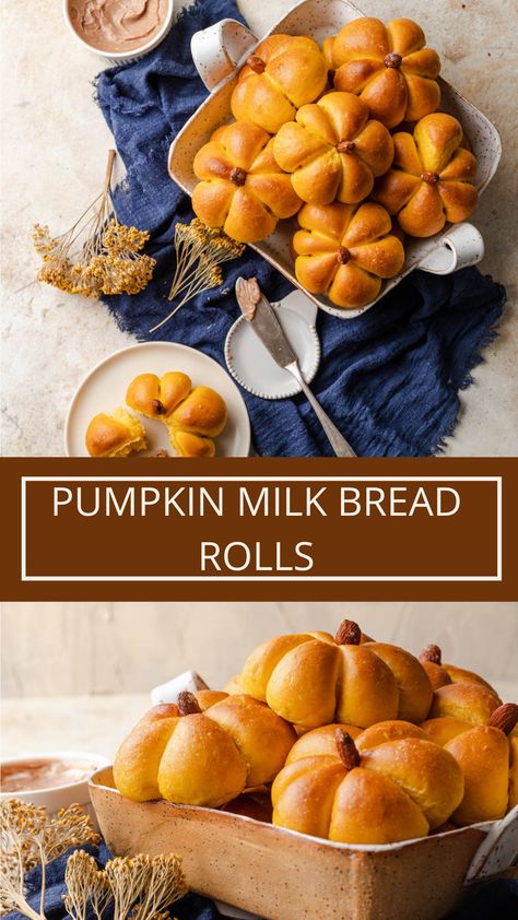 How to make pumpkin milk bread rolls Pumpkin Shape Dinner Rolls, Pumpkin Shaped Yeast Rolls, Pumpkin Milk Bread, Home Made Thanksgiving Rolls, Thanksgiving Pumpkin Roll, Homemade Bread For Thanksgiving, Fall Dinner Rolls, Pumpkin Sweet Rolls, Pumpkin Sourdough Rolls