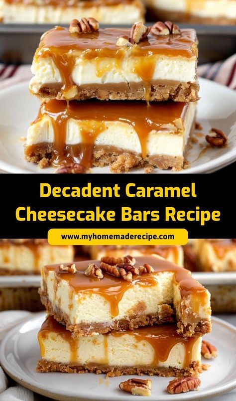 These Decadent Caramel Cheesecake Bars are rich, creamy, and indulgent! Topped with a layer of caramel, they’re a perfect dessert for any occasion. Caramel Cheesecake Bars, Thanksgiving Cheesecake, Caramel Cheesecake Recipes, Winter Baking, Cheesecake Toppings, Caramel Recipes Sauce, Cheesecake Bar Recipes, Caramel Brownies, Caramel Cheesecake