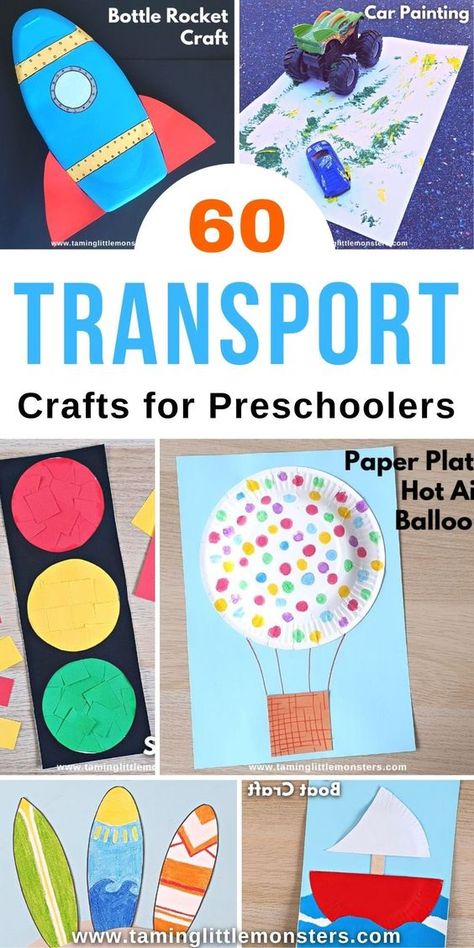 60 Transportation Arts and Crafts for Kids. Fun and easy craft ideas for preschoolers and kindergarteners who love machines and vehicles. #transport #artsandcrafts #preschoolers #kindergarten Transport Ideas Preschool, Books About Transportation For Preschool, Trucks Crafts Preschool, Shape Transportation Craft, Air Vehicles Activities For Kids, Vehicles Kindergarten Activities, Transportation Prek Crafts, Preschool Bike Craft, Car Preschool Crafts