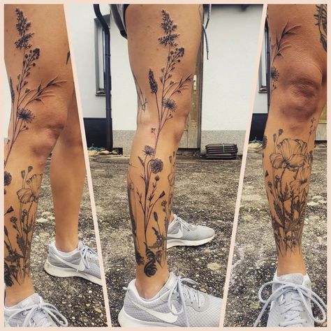 Front Lower Leg Tattoo Women, Leg Garden Tattoo, Leg Flower Tattoos For Women, Garden Leg Sleeve Tattoo, Flowers Going Up Leg Tattoo, Women’s Leg Tattoo Ideas, Floral Leg Tattoo Sleeve, Wildflower Calf Tattoo, Lower Leg Flower Tattoo