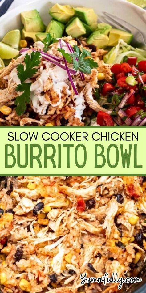 If you love Mexican-inspired bowls, you will love this one-pot wonder. Chicken breasts, rice, beans, corn, tomatoes, and spices are all cooked to perfection in the slow cooker. Forget about cooking all things separately and then assembling your bowl. This recipe is all about convenience! Rice Beans Corn, Slow Cooker Chicken Burrito Bowl, Mexican Chicken Bowl, Slow Cooker Burrito, Chicken Rice Beans, Slow Cooker Mexican Chicken, Chicken Breast Slow Cooker, Slow Cooker Salisbury Steak, Chicken Fajita Soup