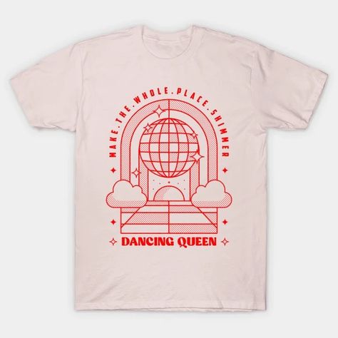 Red Disco ball dancing queen - Disco - T-Shirt | TeePublic Disco Ball Tshirt Design, Disco T Shirt Design, Disco Ball T Shirt, Red Disco Ball, Bachelorette Aesthetic, Dancing Illustration, Ball Dancing, Disco Cowgirl, Disco Shirt