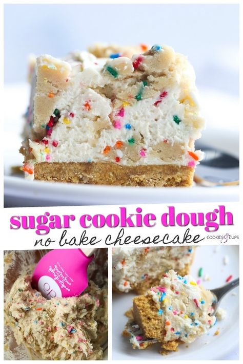 No Bake Cookie Dough Cheesecake Bars, Cookie Dough No Bake, No Bake Cookie Dough Cheesecake, No Bake Cheesecake Bars, Cookie Dough Cheesecake Bars, Sugar Cookie Cheesecake, Fancy Deserts, No Bake Cookie, Cookie Dough Cheesecake