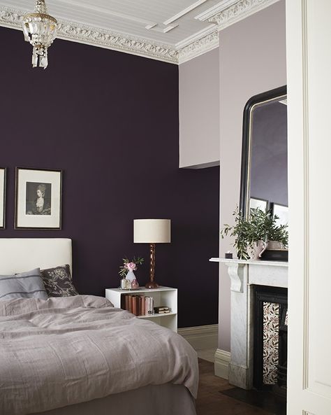 anneroselt.com Aubergine Walls Bedroom, Royal Purple Bathroom, Dark Purple Accent Wall Bedroom, Amethyst Bedroom, Dark Purple Bedroom Walls, Plum Accent Wall, Deep Purple Bedroom, Elemental Colour, Purple Bedroom Wall