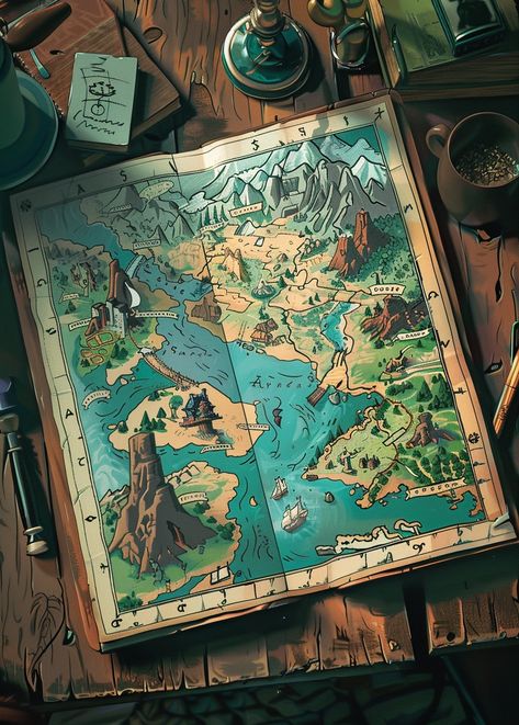 a full pastel colour design of a cartoon map on a desk of an adventurer --v 6 Magic Map Art, Isometric Map Design, D&d Props, D And D Art, Map Making Ideas, Dnd Map Ideas, World Map Ideas, Map Design Illustration, Game Map Design