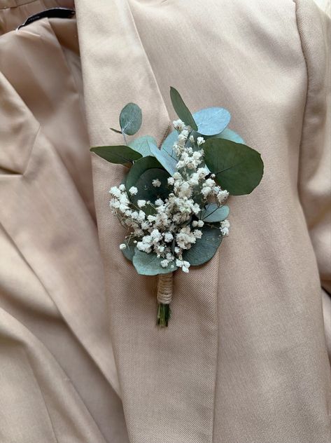 Mother Of Bride Corsage, Green Boutonniere, Dried Gypsophila, Buttonhole Flowers, Small Wedding Bouquets, Gypsophila Wedding, Groom Buttonholes, Rustic Boutonniere, Preserved Eucalyptus