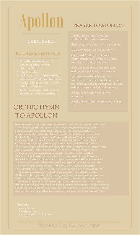 Apollo Cheat Sheet, Aphrodite Cheat Sheet, How To Worship Greek Gods, Apollo Deity, Apollo Worship, Apollo Altar, Hellenic Polytheism, Deity Work, Apollo Greek