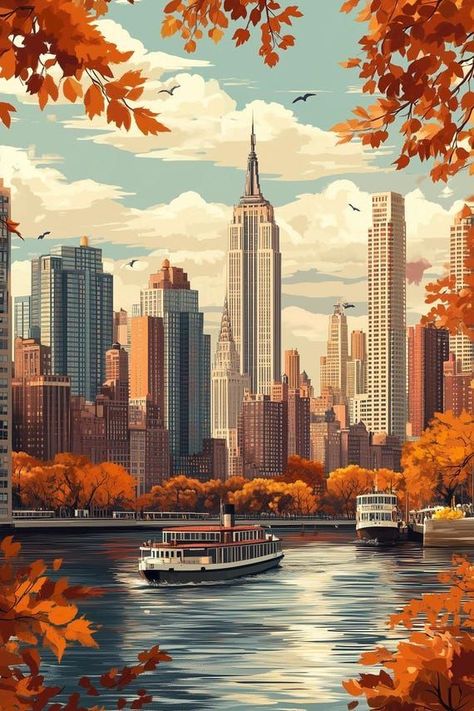 Autumn NYC Skyline Canvas Print featuring Iconic Empire State and Colorful Fall Leaves Wall Art for Home Decor by CustomCanvasCurators Get ready to bring a piece of the bustling NYC spirit into your home with this stunning canvas print featuring the iconic skyline and warm fall colors 🌆🍂 Perfect for city lovers and art enthusiasts alike, it's the ideal focal point for any room. Whether you're a fan of cityscapes or simply want to add some elegance to your decor, this piece promises to spark... Digital Art Cityscapes, New York Autumn, New York Illustration, City Abstract, Leaves Frame, Autumn Art Print, Leaves Wall Art, Autumn In New York, New York City Skyline