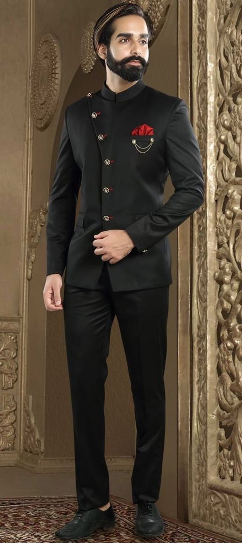 Jodhpuri Designer SuitClassic & luxurious Black Jodhpuri hip length CoatHeavy Weight 1100 GRAMSTwo deep pockets at bottom and breast pocket finished with Black satin bindingPerfect for Wedding hosting, smoking, lounging & all occasionsPerfect gift for the perfect man or just as a personal treatFREE FAST 5-7 DAY ORDER TO DELIVERY SHIPPING ACROSS THE ENTIRE USA Wedding Suits Men Black, Indian Wedding Suits Men, Prince Suit, Suit For Men Wedding, Jodhpuri Suits For Men, Jodhpuri Suit, Prince Coat, Groom Dress Men, Wedding Dresses Men Indian