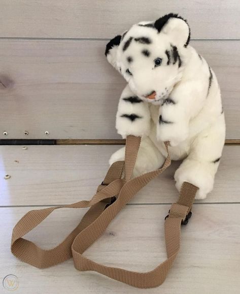 Leosco White Tiger Plush Backpack, I would totally wear this! White Tiger Stuffed Animal, Stuffed Animal Backpack, Pinterest Wishlist, Kidcore Fashion, Kawaii Grunge, Tiger Plush, Realistic Stuffed Animals, Kidcore Aesthetic, Stylish School Bags