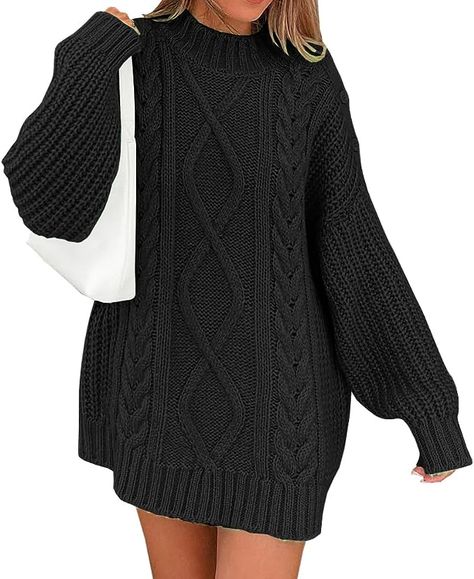 LILLUSORY Plus Size Sweater Dress Women's Crewneck Oversized Pullover 2023 Fall Cable Knit Long Sleeve Chunky Short Sweaters Dresses Black at Amazon Women’s Clothing store Chunky Sweater Dress, Oversized Sweater Dress, Sweater Dress Oversized, Cable Knit Sweater Dress, Knitting Sweater, Loose Pullover, Long Sleeve Knit Dress, Womens Crewneck, Sweater Dress Women