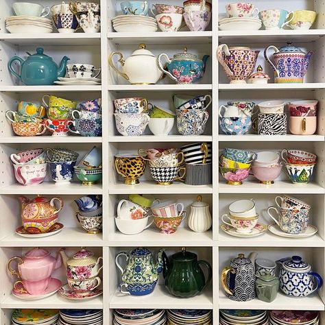 Displaying my teacup collection | Liz and Borromini | Bloglovin’ Tea Set Display, Tea Cup Display, Liz Steel, Monet Exhibition, Teacup Collection, Wall Unit Decor, Tea Display, Castle Howard, Sketching Tools