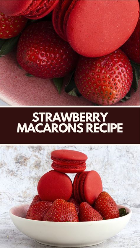 Strawberry Macarons Recipe is made with delicate almond meringue shells and filled with a luscious strawberry buttercream this recipe serves 17, takes about 1 hour to prepare, and results in beautiful, light, and fruity macarons perfect for any occasion. Fruity Macarons, Strawberry Filling Recipe, Strawberry Macarons Recipe, Meringue Shells, Strawberry Macaroons, Almond Meringue, Strawberry Macarons, Strawberry Macaron, Strawberry Meringue