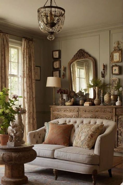 20 Cozy Cottage Core Living Room Decor Ideas » Lady Decluttered Southern Interior Design Living Room, 1800s Home Aesthetic, Organic Vintage Living Room, 1900s Interior Design, Vintage Couch Living Room, Vintage Living Room Aesthetic, Antique Living Room Decor, Vintage Inspired Living Room, French Country Living Room Furniture