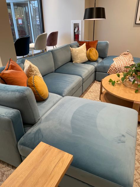 Pale Blue Couch Living Room, Light Blue Couch Decor, Dusty Blue Couch Living Room, Light Blue Couch Living Room Decor, Light Blue Velvet Sofa Living Room, Styling A Blue Couch, Blue Couch Christmas Decor, Baby Blue Sofa Living Room, Light Blue Leather Couch