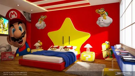 f48d76b708cbc339b2ce1c56d80e3de8.webp (736×414) Mario Bedroom Ideas Boys, Mario Room Ideas Boys, Super Mario Bedroom, Mario Bros Room, Nintendo Room, Mario Bedroom, Super Mario Room, Mario Room, Brothers Room