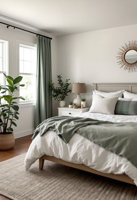 Sage Green Farmhouse Bedroom Sage Tan Bedroom, Sage Green Gray And White Bedroom, Bedroom With Green Sheets, Sage Gray Bedroom, Dark Green And Sage Bedroom, Soft Sage Bedroom, Sage Green Home Decor Ideas, Green Accented Bedroom, Shades Of Green Bedroom Ideas