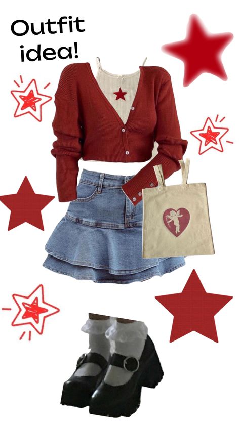 #y2k #outfit #cute #grunge #coquette #coquetteoutfit #grungeoutfits #slay Red Girly Outfit, Red And Blue Outfit Ideas, Pink Lovecore Outfit, Cute November Outfits, Red Coquette Clothes, Movie Fits Ideas, Red Outfit Collage, Cute Red White And Blue Outfits, Coquette Fashion Winter