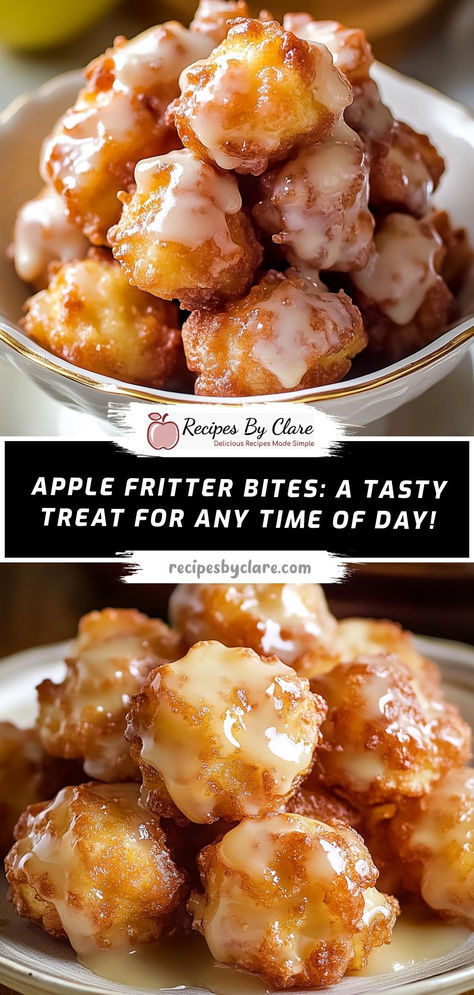 Crispy on the outside and soft on the inside, these apple fritter bites are the perfect anytime treat!  Ingredients:  1 cup all-purpose flour 1 ½ cups peeled, diced apples ⅓ cup milk 1 tbsp butter (melted) Oil for frying  Deliciously golden apple fritter bites with a tender apple filling, perfect with a dusting of powdered sugar for extra sweetness! Morning Party Snacks, Apple Pie Fritters, Baked Apple Fritter Muffins, Crispy Fried Apples, Diy Apple Fritters, Baked Apple Cinnamon Donut Recipe, Mini Apple Fritters, Fried Apple Fritters Recipe, Apple Pretzel Bites