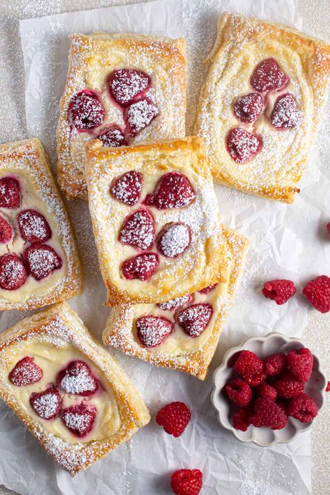 Easy Raspberry Cream Cheese Danish (with Puff Pastry) Puff Pastry Recipes Cream Cheese, Puff Pastry Breakfast Sweet, Breakfast Ideas Pastry, Fancy Pastry Recipes, Puff Pastry Recipes Raspberry Cream Cheese, Danish Pastries Aesthetic, Baby Shower Pastries, Raspberry Puff Pastry Desserts, Sugar Plum Danish