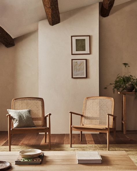 Zara Home on Instagram: “NEW IN · Armchair with teak wooden armrests and a rattan back. Find out the new arrivals from SS21 Collection at zarahome.com” Zara Home Interiors, Japandi Living, Japandi Interior, Rattan Armchair, Minimalism Interior, The Chair, Arm Chairs Living Room, Living Room Inspo, Minimalist Interior