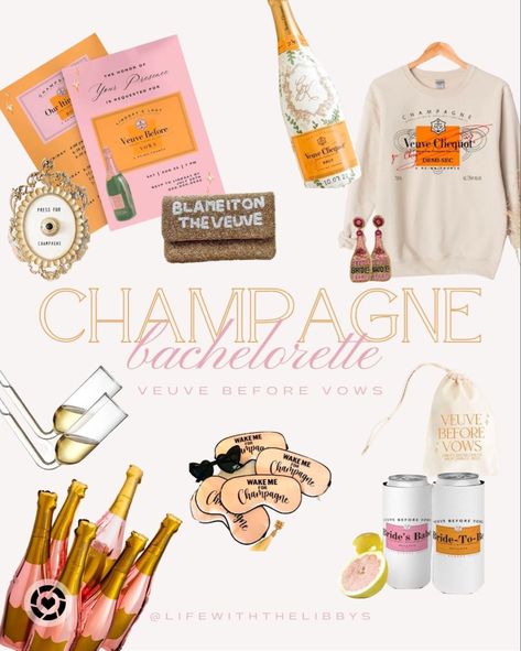 Champagne, veuve, flutes, clutch, sweatshirt. Bell, sleep mask, cookie, earrings Anti Bride Bachelorette, Chic Bachelorette Themes, Veuve Clicquot Party Decor Ideas, Vueve Bachelorette Theme, Veuve Clicquot Bachelorette Party, Petals And Prosecco Bachelorette Theme, Bachelorette Party Champagne Theme, Veuve Bachelorette Theme, Champagne Bachelorette Party Theme