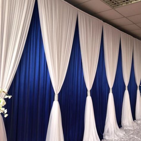 Church Curtains Stage Design, Curtain Backdrop Wedding, Royal Blue Curtains, Backdrop Inspiration, Blue And White Curtains, Purple Swag, Blitz Design, Pipe And Drape Backdrop, Reception Layout