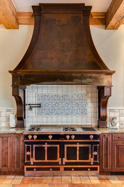 Cherry Hills Range Hood in the Classic Collection | Raw Urth Designs, CO Rustic Hood Vents Kitchen, Patina Kitchen, Kitchen Hood Vent, Kitchen Hood Ideas, Hood Vents, Spanish Style Kitchen, Kitchen Hood Design, Old World Kitchens, Oven Hood