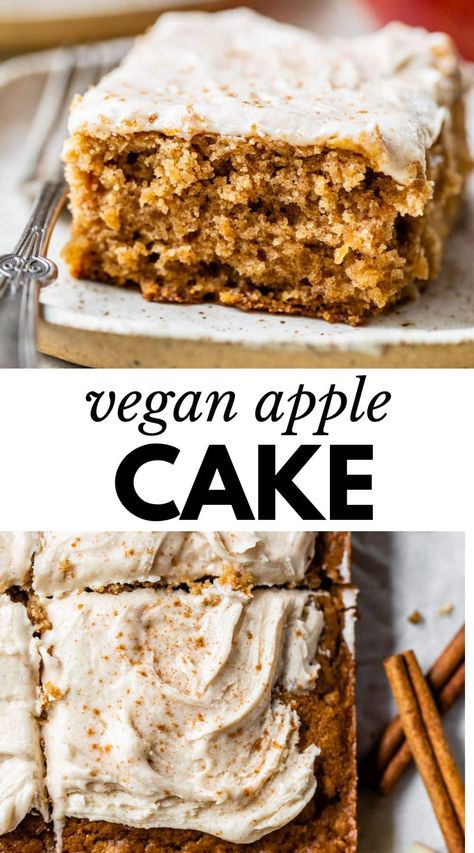 Fresh apples and the warm flavors of fall are baked right into this Vegan Apple Cake. It’s deliciously comforting, ultra moist, and, best of all, easy to make! Vegan Fall Dessert, Vegan Apple Cake, Apple Pie Cake, Fluffy Cake, Vegan Baking Recipes, Easy Vegan Dessert, Vegan Apple, Apple Pie Filling, Vegan Cake Recipes