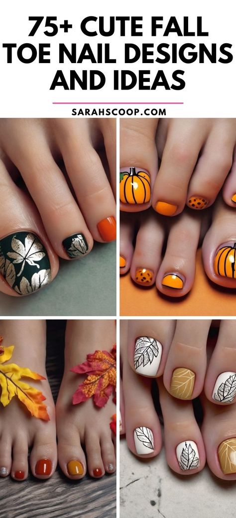 Autumn Toenail Art to Fall in Love With! 🍂 #nailinspo #naildesigns #autumn Toenail Fall Designs, Leaf Pedicure Design, Halloween Nails Pedicure, Toenail Nail Art, Thanksgiving Toe Nail Designs, Pumpkin Pedicure Design, October Toenails, Fall Inspired Toenails, Candy Corn Toenails