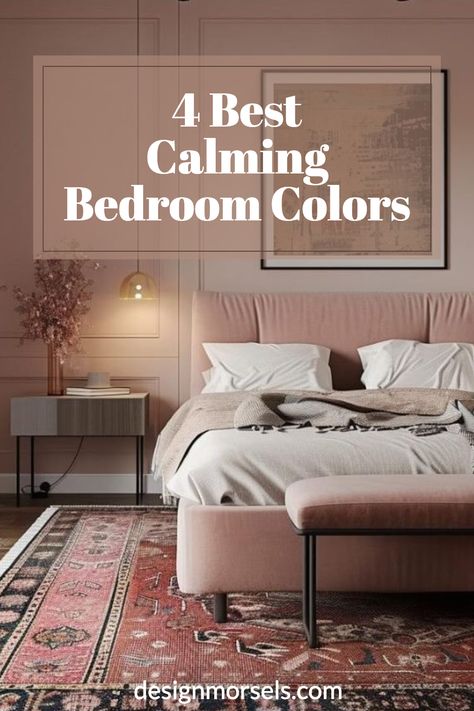 pink color bedroom with text overlay four best calming bedroom colors Bedrooms Colors Paint, Best Calming Bedroom Colors, Tan Bedroom Walls Color Pallets, Bedroom With One Colored Wall, Spare Bedroom Wall Color, Coloured Bedroom Walls, Mens Room Color Scheme, Peaceful Room Colors, Colors To Paint Small Bedroom