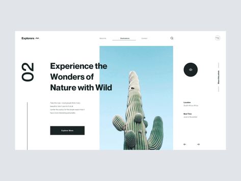Explorers :: Interaction slider slide interaction transition hero header minimal clean ui design menu nature explorers travel Hero Image Web Design, Banner Web Design, Ui Design Mobile, Design Sites, Web Design Mobile, Navigation Design, Banner Web, 타이포그래피 포스터 디자인, Web Design Projects