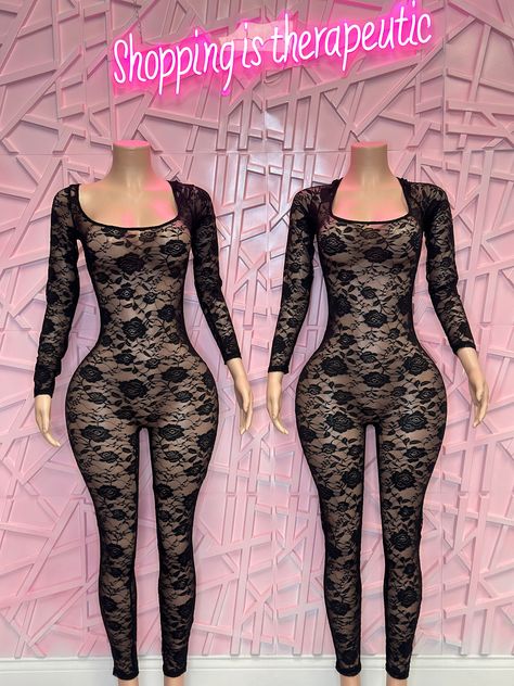 Black Lace Jumpsuit Outfit, Lace One Piece Outfit, Lace Jumpsuit Outfit, Everything Fashion, Rapper Outfit, Lace Pants Outfit, Chanel Heels, Lace Playsuit, Birthday Outfit For Women