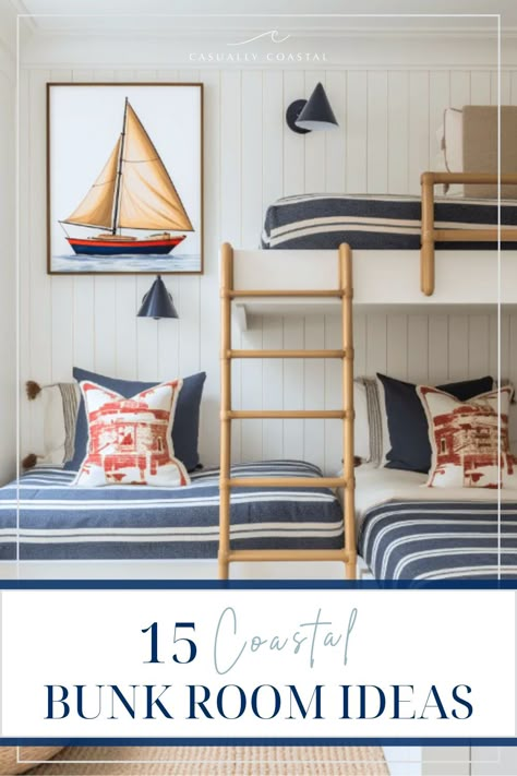 15 Coastal Bunk Room Ideas to Copy Coastal Bunkrooms, Bunk Room Decor Ideas, Beach Bunk Room Ideas, Lake Bunk Room, Beach Bunk Beds, Queen Over Queen Bunk Beds Diy, Bunk Bed Bedding Ideas, Bunk Rooms Lake House, Coastal Bunk Room