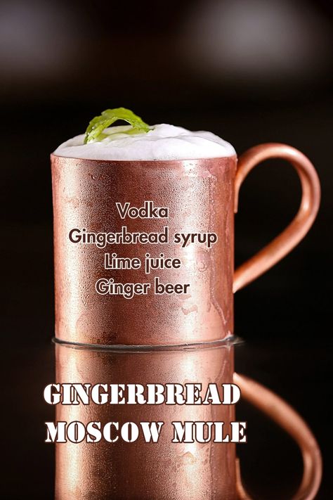 Gingerbread Moscow Mule, a holiday twist on the classic with ginger spice and refreshing lime. Ginger Mule, White Russian Recipes, Gingerbread Syrup, Moscow Mule Recipe, Spiced Drinks, Mule Recipe, Cocktail List, Ginger Syrup, Ginger Spice