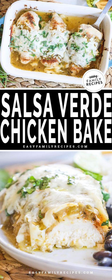 5 Minute Prep for BIG FLAVOR! When we want extra flavorful, tender juicy chicken for dinner on busy nights, this Baked Salsa Verde Chicken is it! It takes minutes to assemble and get in the oven using simple pantry spices and a jar of prepared green salsa. It becomes a delicious one-pan chicken dinner that the family will LOVE. Every bite is a fantastic combo of baked chicken with salsa verde and gooey cheese that can be served with tons of different sides for a quick weeknight meal anytime. Chicken With Salsa Verde, Chicken With Salsa, Salsa Verde Chicken Recipe, Chicken Verde, Chicken For Dinner, Verde Chicken, Salsa Verde Recipe, Salsa Verde Chicken, Simple Pantry