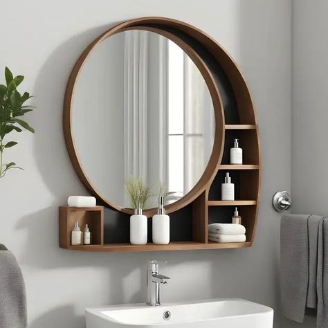 Bathroom Accessories Small Space, Diy Bathroom Mirror With Storage, Bathroom Mirror Next To Window, Powder Bathroom Storage Ideas, Bathroom Shelves Ideas The Wall, Small Bathroom Large Mirror, Round Bathroom Mirror With Storage, Simple Bathroom Cabinets, Mirror Over Vanity And Toilet